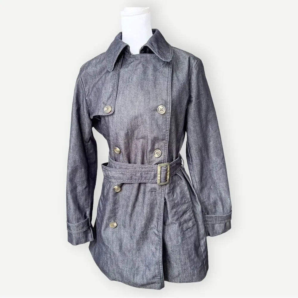 Gap Belted Blue Denim Double Breasted Lined Collared Jean Jacket Coat. Small.